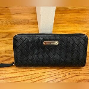 Cole Haan Black Woven Leather Long Wallet